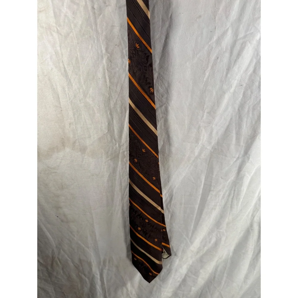 Vintage May Co Mens Necktie Brown Orange Tan Striped Floral Jacquard Silk Tie